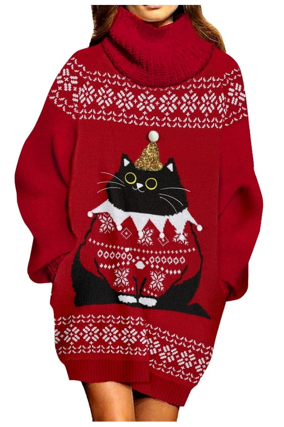 2025 Christmas Chunky Knit Turtleneck Sweater Dress with Pockets
