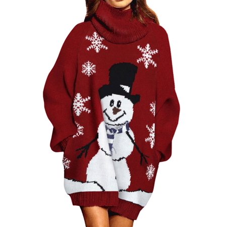 Pink Queen 2025 Christmas Chunky Knit Turtleneck Sweater Dress with Pockets