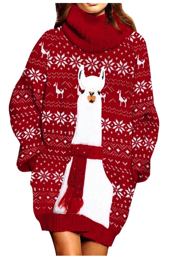 2025 Christmas Chunky Knit Turtleneck Sweater Dress with Pockets