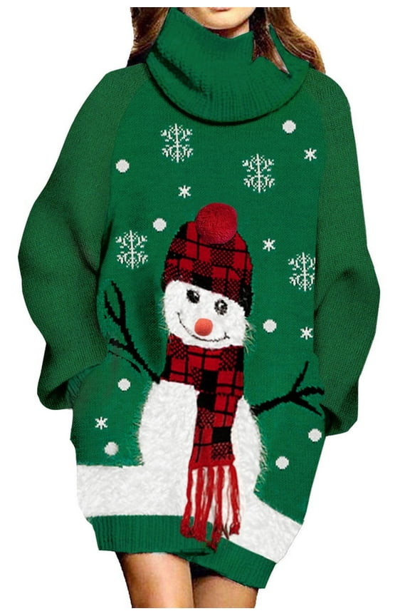 2025 Christmas Chunky Knit Turtleneck Sweater Dress with Pockets