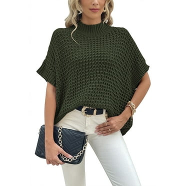 Pink Queen 2025 Oversized Mock Neck Short Sleeve Knit Sweater Pullover-Soft Comfortable for Women S-XL