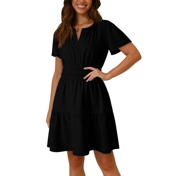 Pink Queen 2026 Summer Boho Mini A-Line Ruffle Flowy Dress V Neck Short Sleeve S-XL