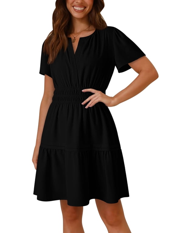 2026 Summer Boho Mini A-Line Ruffle Flowy Dress V Neck Short Sleeve S-XL