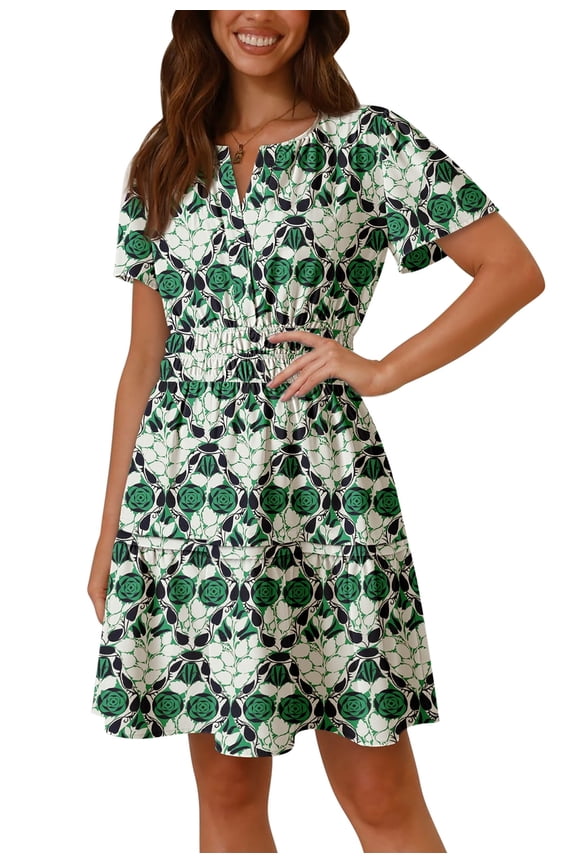 2026 Summer Boho Mini A-Line Ruffle Flowy Dress V Neck Short Sleeve S-XL