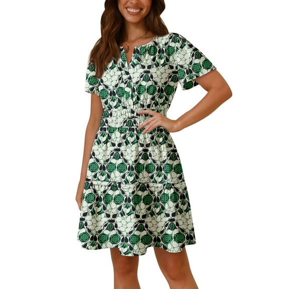 Pink Queen 2026 Summer Boho Mini A-Line Ruffle Flowy Dress V Neck Short Sleeve S-XL