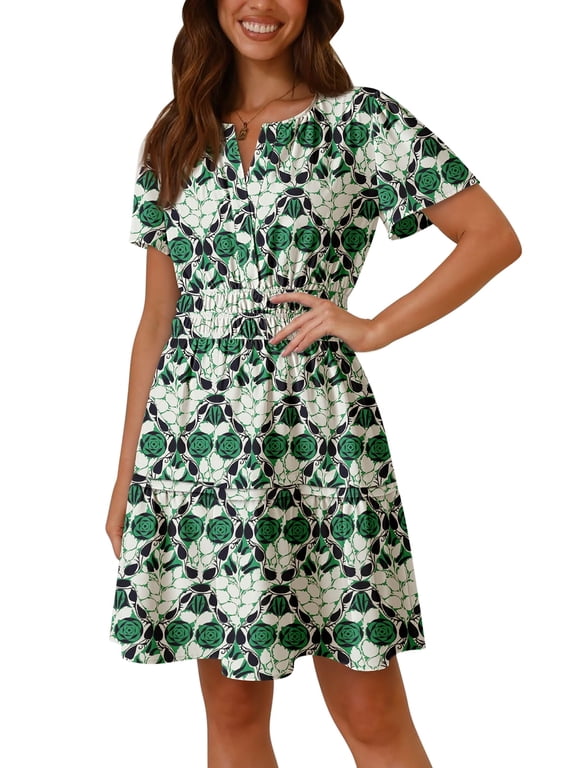 2026 Summer Boho Mini A-Line Ruffle Flowy Dress V Neck Short Sleeve S-XL