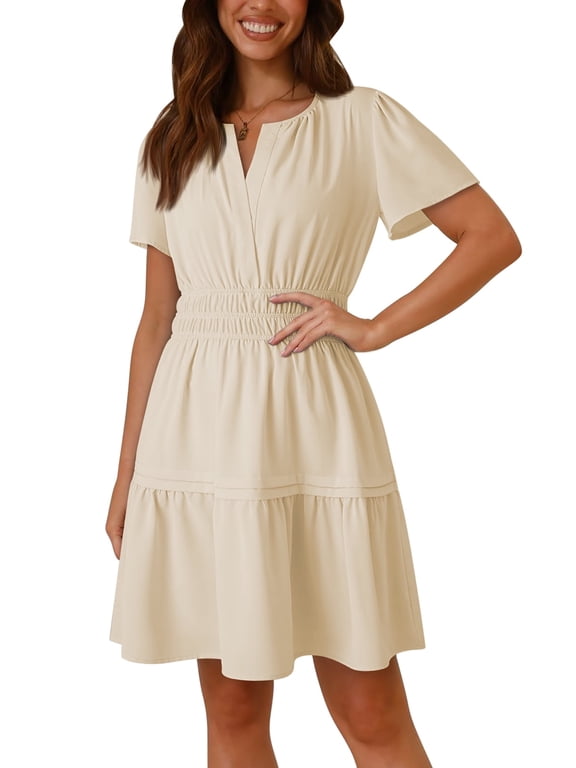 2026 Summer Boho Mini A-Line Ruffle Flowy Dress V Neck Short Sleeve S-XL