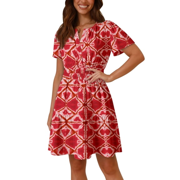 Pink Queen 2026 Summer Boho Mini A-Line Ruffle Flowy Dress V Neck Short Sleeve S-XL