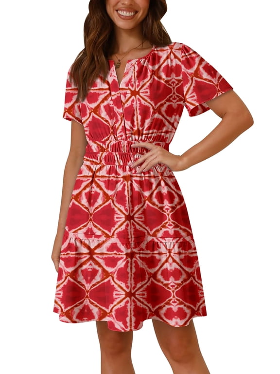 2026 Summer Boho Mini A-Line Ruffle Flowy Dress V Neck Short Sleeve S-XL