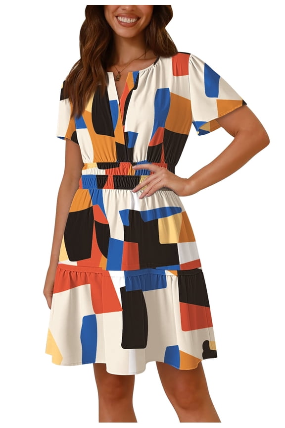 2026 Summer Boho Mini A-Line Ruffle Flowy Dress V Neck Short Sleeve S-XL