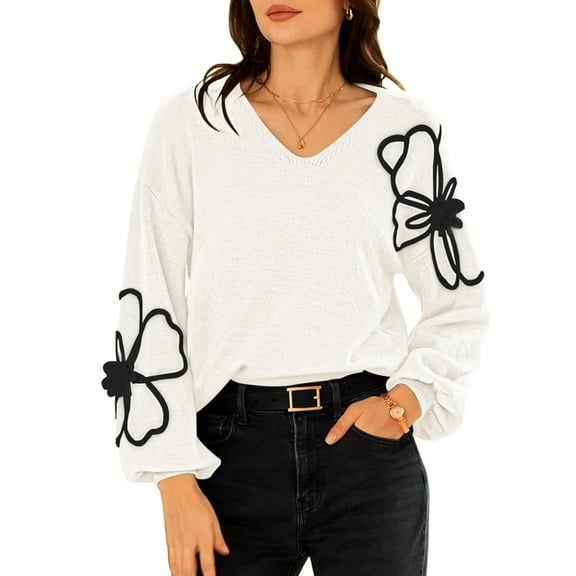 Pink Queen 2026 Women's Pullover Sweaters Knit Floral V Neck Tunic Pullover Long Sleeve Oversized Sweater