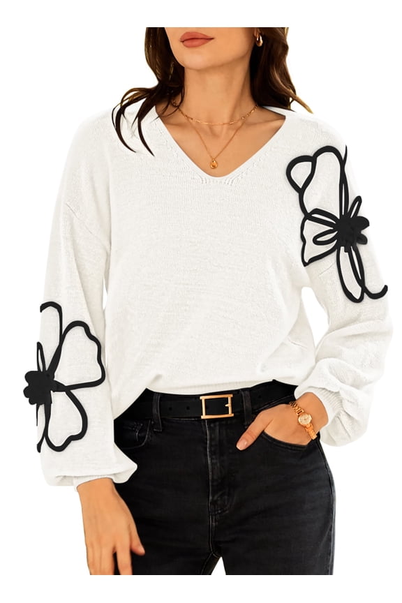 2026 Women's Pullover Sweaters Knit Floral V Neck Tunic Pullover Long Sleeve Oversized Sweater