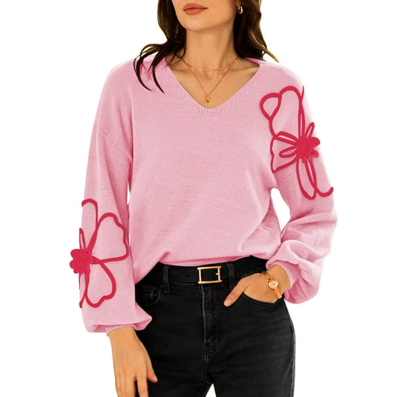 Pink Queen 2026 Women's Pullover Sweaters Knit Floral V Neck Tunic Pullover Long Sleeve Oversized Sweater