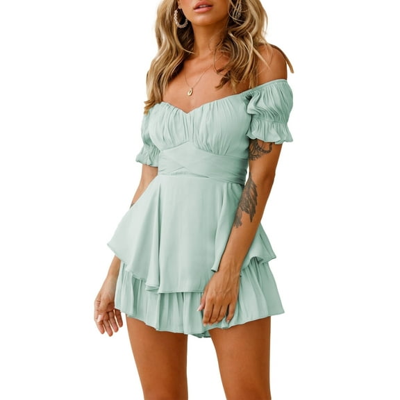 Pink Queen 2026 Spring Women Boho Off-Shoulder Ruffle Chiffon Summer Shorts Jumpsuit S-XL