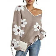 PINK QUEEN Women's Oversized V Neck Fuzzy Sweaters 2025 Casual Loose Long Sleeve Chunky Knit Pullover Jumper Tops