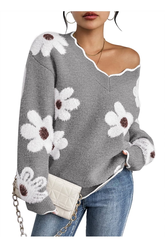 2026 Women's OversizedSweaters V Neck Fuzzy Loose Long Sleeve Pullover Jumper Tops S-XL
