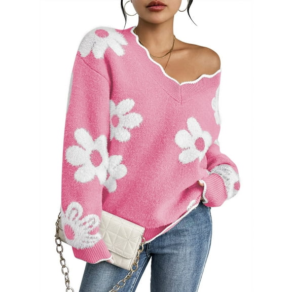 Pink Queen 2026 Women's OversizedSweaters V Neck Fuzzy Loose Long Sleeve Pullover Jumper Tops S-XL