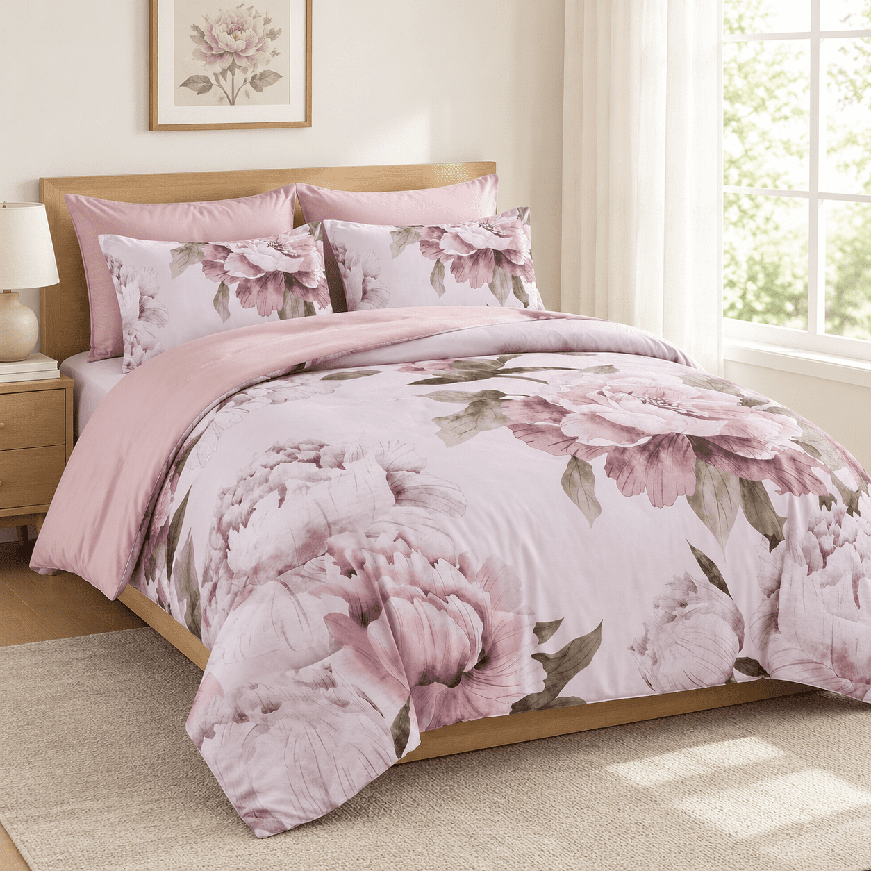 Pink Queen 7-Piece Floral Bed-in-a-Bag Set with Soft Microfiber Bedding ...