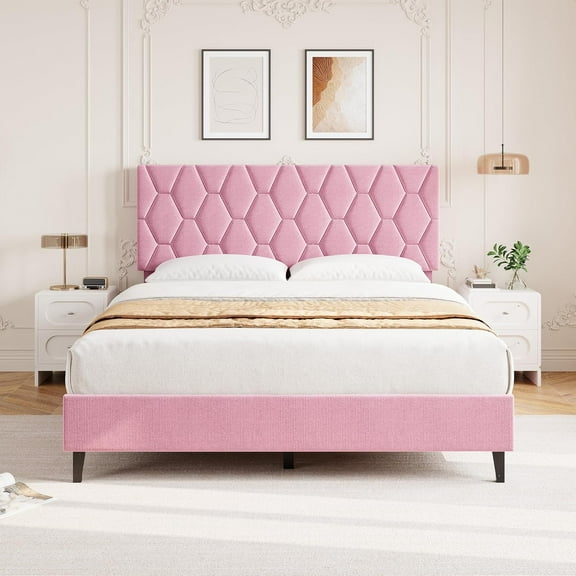Pink Queen Bed Frame with Upholstered Headboard, Heavy-Duty Wood Slats, No Box Spring, Noise-Free, Easy Assembly
