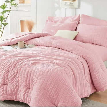 Pink Queen Comforter Set Seersucker 7 Pieces, All Season Luxury Bed in a Bag for Bedroom, Bedding Set with Comforters, Sheets, Pillowcases & Shams
