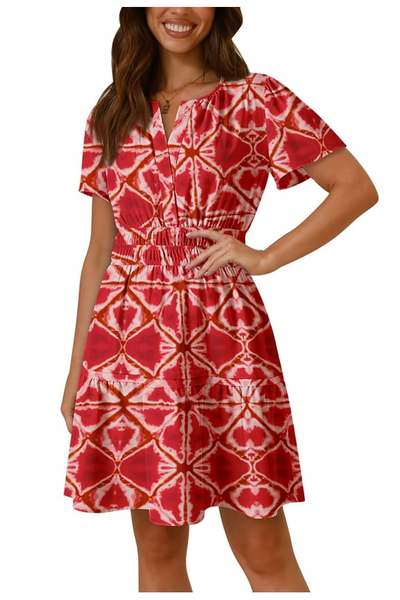 2025 Summer Casual Boho Mini A-Line Ruffle Flowy Dress V Neck Short Sleeve S-XL