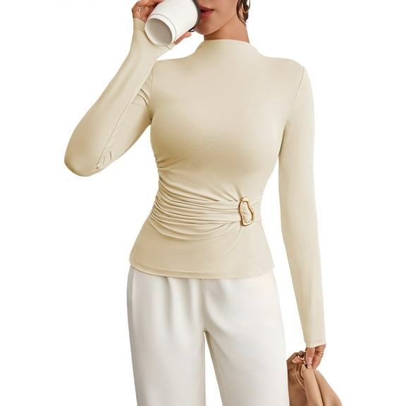 Pink Queen Spring 2026 Women's Summer Mock Neck Long Sleeve Tops Pleated Wrap Waist with Metal Buttons Stretch Slim Fit Shirts