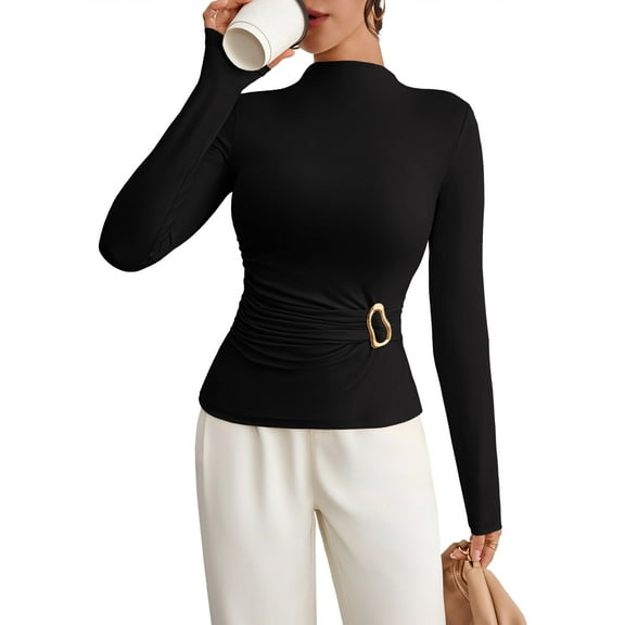 Pink Queen Spring 2026 Women's Summer Mock Neck Long Sleeve Tops Pleated Wrap Waist with Metal Buttons Stretch Slim Fit Shirts
