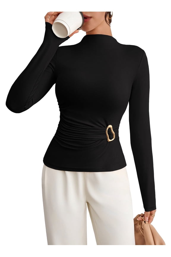 Spring 2026 Women's Summer Mock Neck Long Sleeve Tops Pleated Wrap Waist with Metal Buttons Stretch Slim Fit Shirts