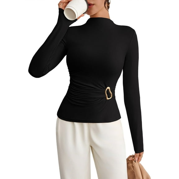 Pink Queen Spring 2026 Women's Summer Mock Neck Long Sleeve Tops Pleated Wrap Waist with Metal Buttons Stretch Slim Fit Shirts
