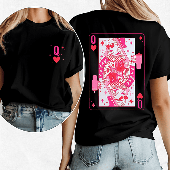 Pink Queen Of Hearts Graphic Tees for Women Playing Cards Design Graphic Tees Coffee Lover & Cards Shirts Trendy Short Sleeve Tops for Holiday Outfits Black,2XL