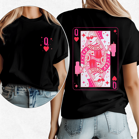 Pink Queen Of Hearts Graphic Tees for Women Playing Cards Design Graphic Tees Coffee Lover & Cards Shirts Trendy Short Sleeve Tops for Holiday Outfits Black,L
