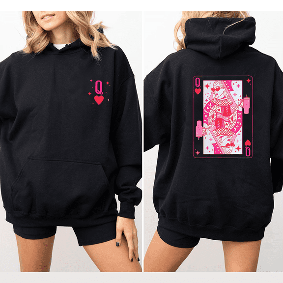 Pink Queen Of Hearts Print Tops for Women Playing Cards Design Sweatshirts Coffee Lover & Cards Hoodie Trendy Long Sleeve Pullover for Holiday Outfits Black,XL