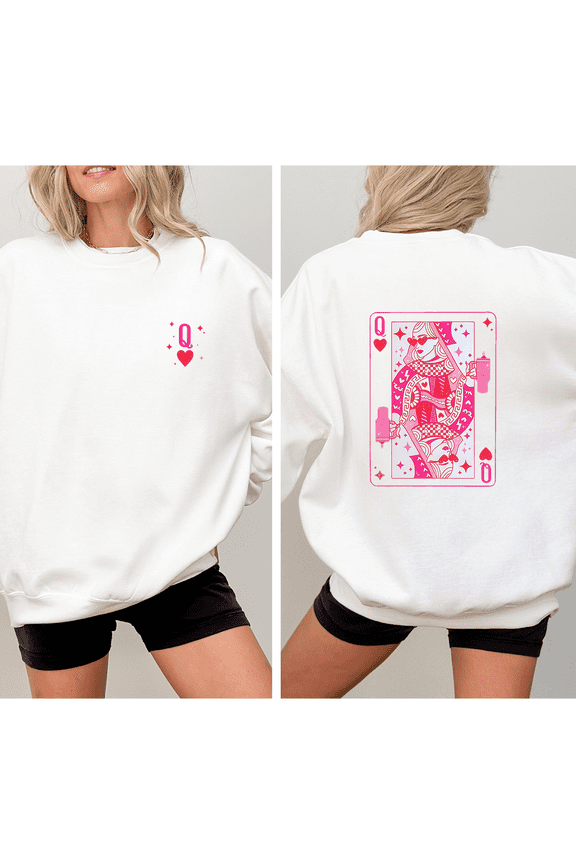 Pink Queen Of Hearts Print Tops for Women Playing Cards Design Sweatshirts Coffee Lover & Cards Shirts Trendy Long Sleeve Pullover for Holiday Outfits White,L