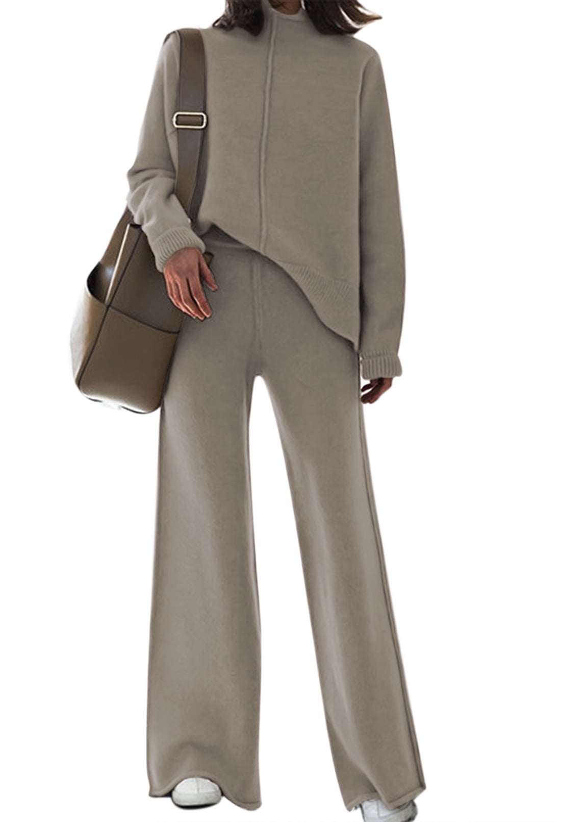 Pink Queen Women Knitted Outfits High Neck Sweater Wide Leg Pant Set 2 Pieces Sweatsuit