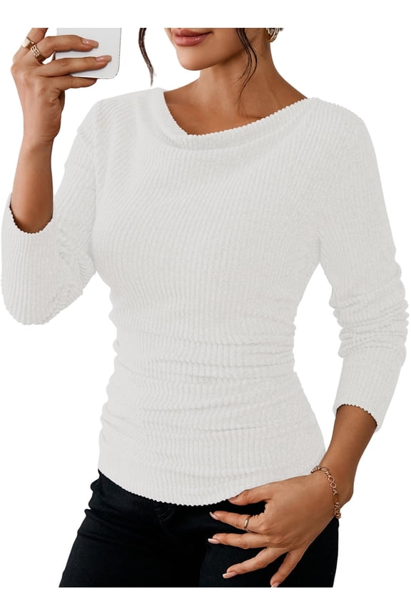 2026 Spring Women's Long Sleeve Cowl Neck Ribbed Knit Shirts Slim Fit Ruched Going Out Crop Tops