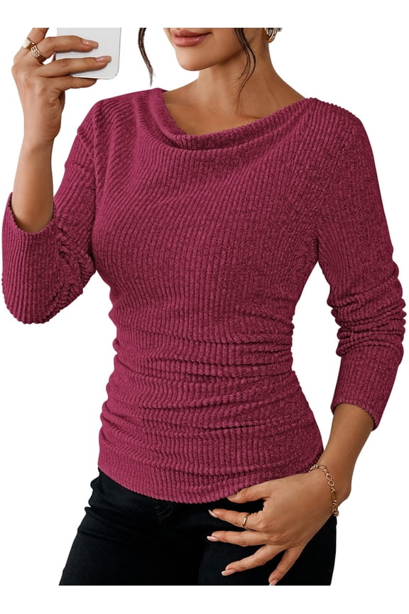 2026 Spring Women's Long Sleeve Cowl Neck Ribbed Knit Shirts Slim Fit Ruched Going Out Crop Tops