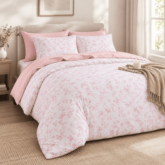 Pink Queen Size 3 Piece Floral Shabby Chic Coquette Bedding Comforter Set
