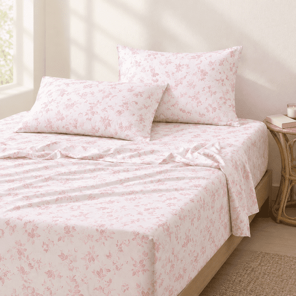 Pink Queen Size 4-Piece Botanical Printed Brushed Polyester Sheet Set