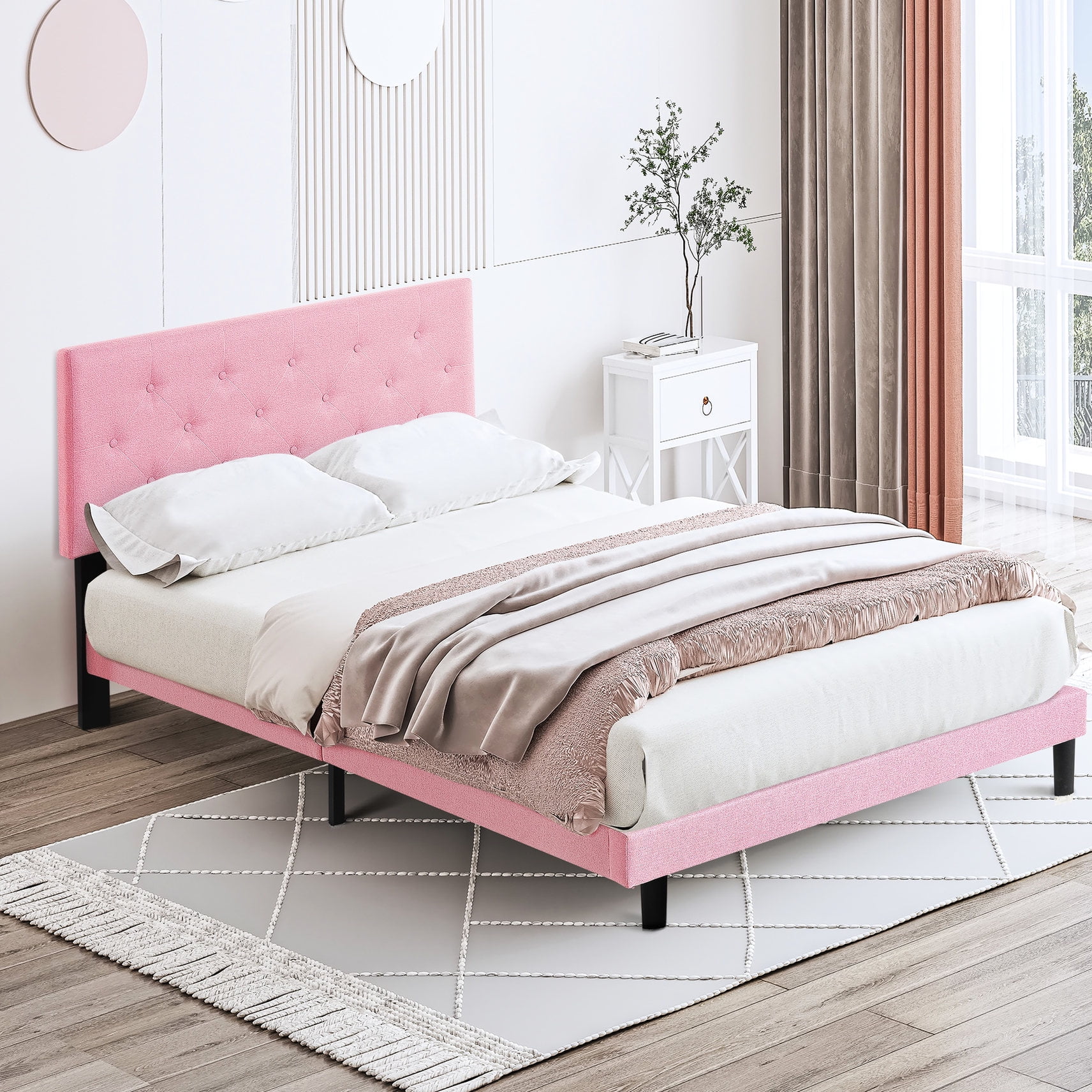 Pink Queen Size Bed Frame with Button Tufted Headboard / No Box Spring ...