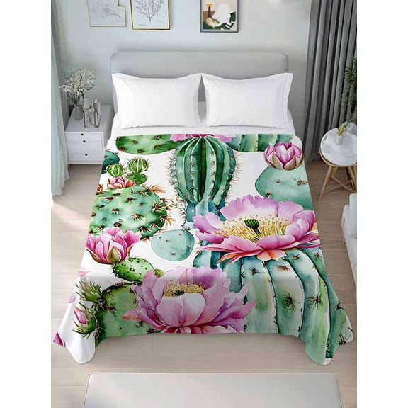 Pink Queen Size Flat Sheet, Wrinkleproof & Fadeproof Cooling Flat Bed Sheet Only, Green Cactus Watercolor Pastoral Breathable Soft Bedding Top Sheets 90 x 102 Inches
