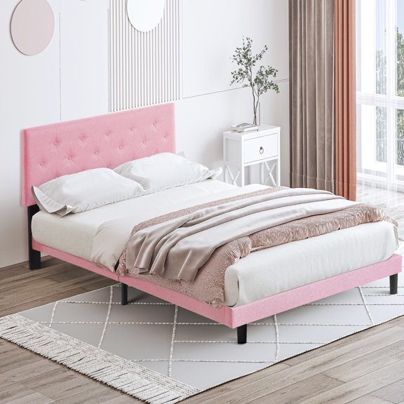 Pink Queen Sized Bed With Modern Headboard - No Box Spring Needed, Easy Assembly, 63.57 In. Width, 62.6 Package Depth Size Upholstered Button Linen Spring, Simple Wood Slat Understructure, 600 Lbs