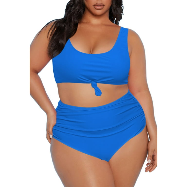 Women Two Piece Scoop Neck Bikini Crop Top Swimsuit Sporty High Waisted  Bathing Suit with Bottoms Tie Knot Front Swimwear 