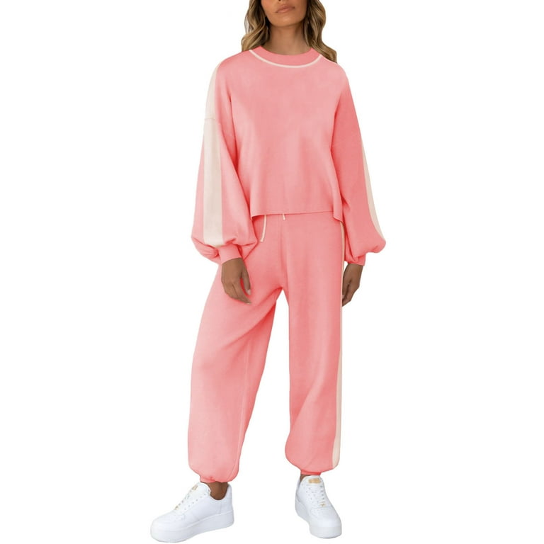 Pink Queen Women Crew Neck Tracksuit Long Sleeve Sweatshirts Jogger Pant 2  Piece Outfits Pink S