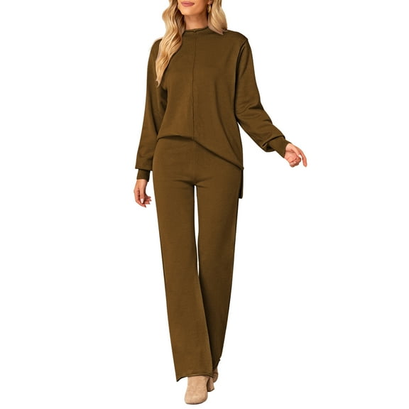 Pink Queen Women Knitted Outfits High Neck Sweater Wide Leg Pant Set 2 Pieces Sweatsuit