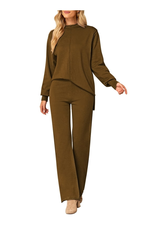 Women Knitted Outfits High Neck Sweater Wide Leg Pant Set 2 Pieces Sweatsuit