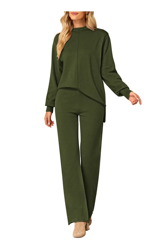 Women Knitted Outfits High Neck Sweater Wide Leg Pant Set 2 Pieces Sweatsuit