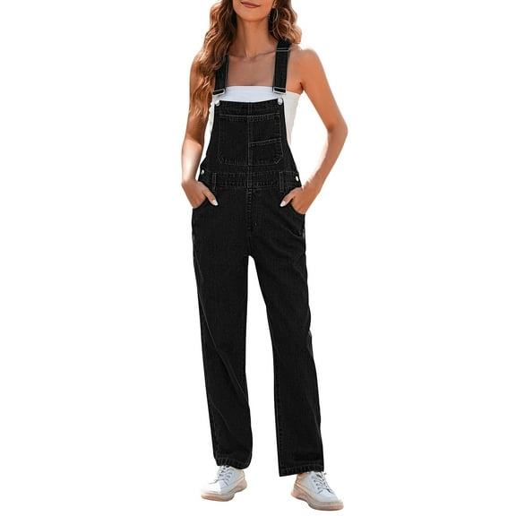 Pink Queen Women Long Denim Bib Overalls Jeans Wash Pants Black S