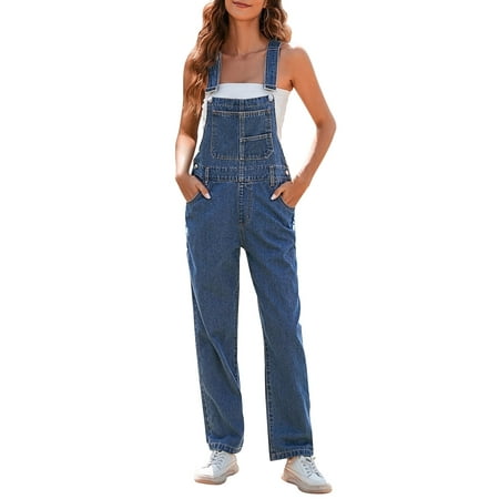 Pink Queen Women Long Denim Bib Overalls Jeans Wash Pants Dark Blue S