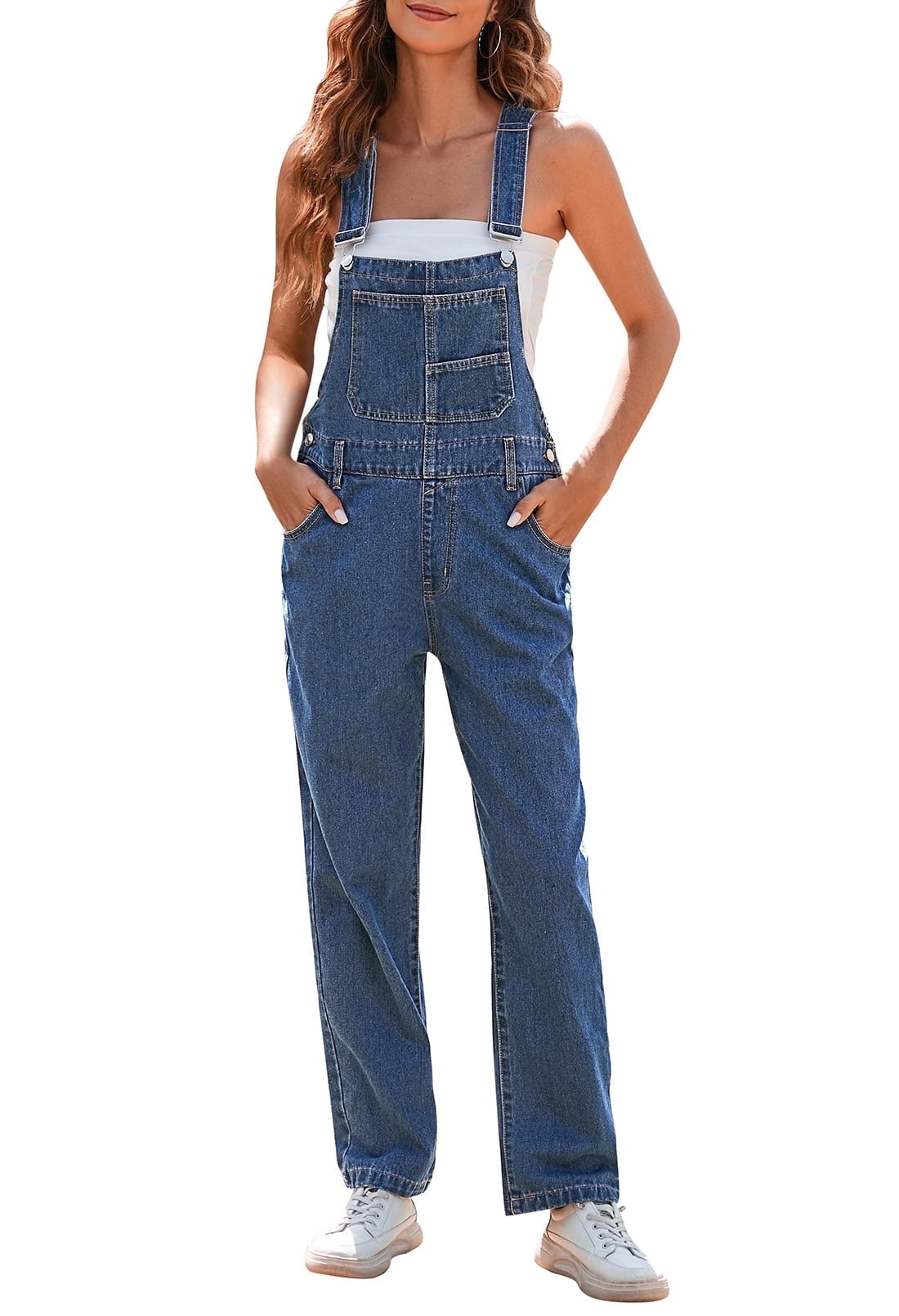 Pink Queen Women Long Denim Bib Overalls Jeans Wash Pants Dark Blue XL ...