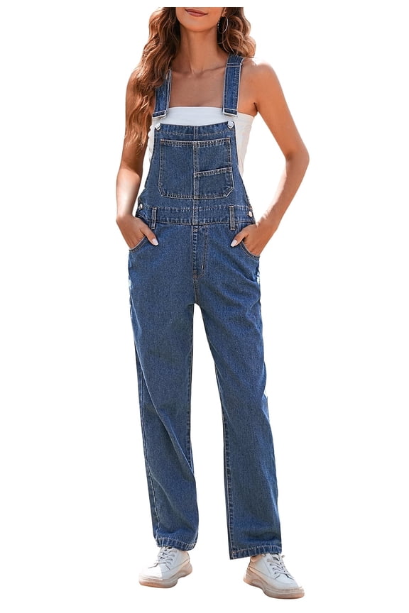 Women Long Denim Bib Overalls Jeans Wash Pants Dark Blue XL